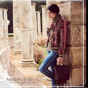 Michele Belau Multicolor Paisley Print Zip-Up Bomber Jacket-Stripe Trim Size M